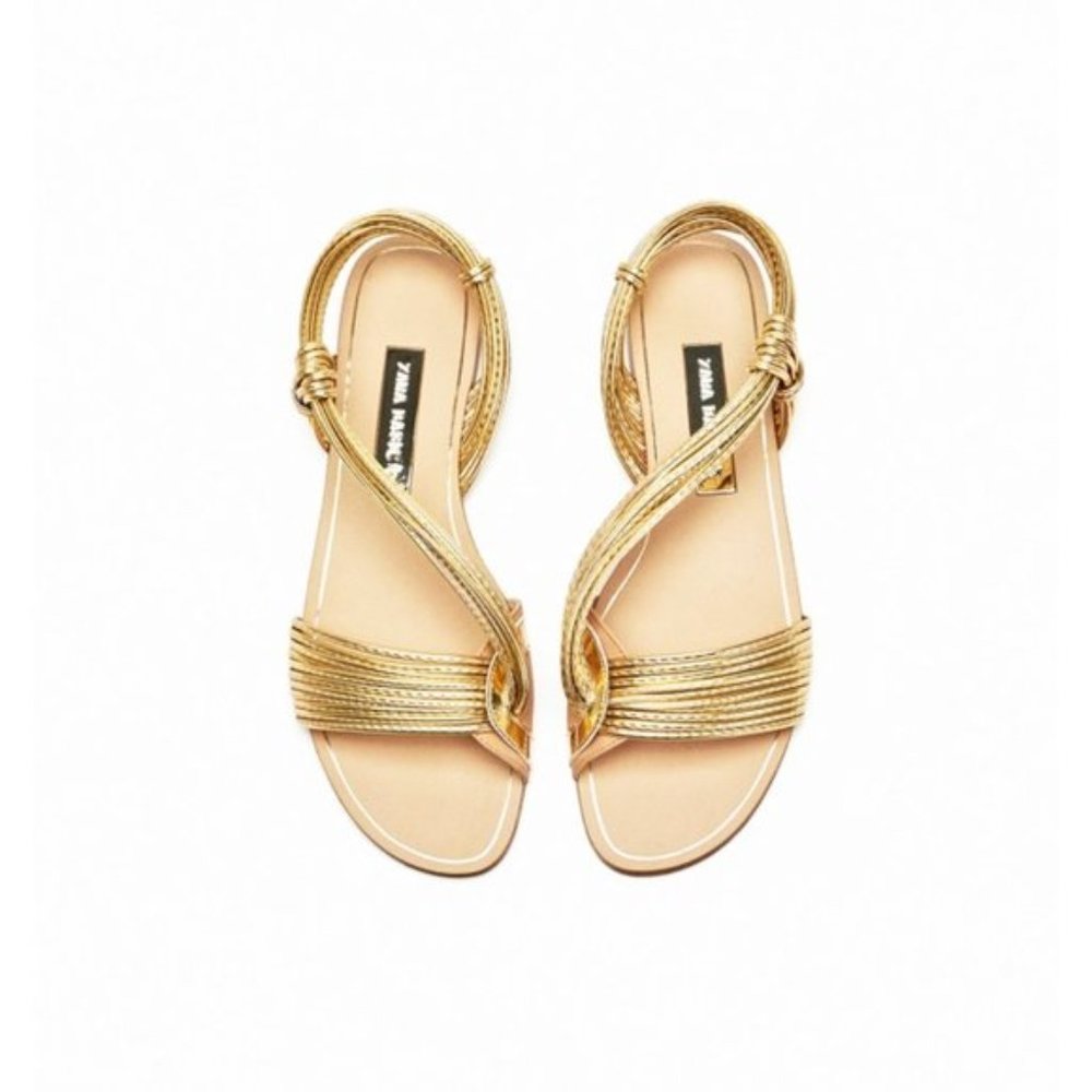 Zara Gold Strappy Flat Sandals